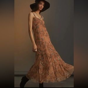 NWT Anthropologie Maeve Embroidered Tier Sequined Tulle Midi Boho Dress Size M